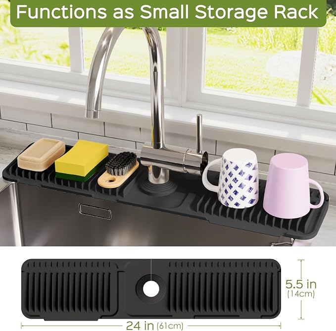 24 Inch Silicone Faucet Mat for Kitchen Sink Splash Guard – Upgraded Draining Mat with Water Tray Behind Faucet – Countertop Protectors to Catch Spills (Black, 24" x 5.5" ) - Image 4