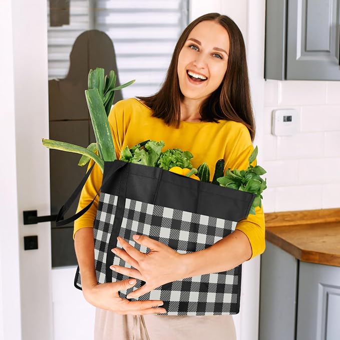 Reusable Grocery Shopping Bags 10 Pack Large Foldable Tote Bags Bulk | Eco Produce Bags with Long Handle for Shopping Groceries Clothes (Plaid B) - Image 2