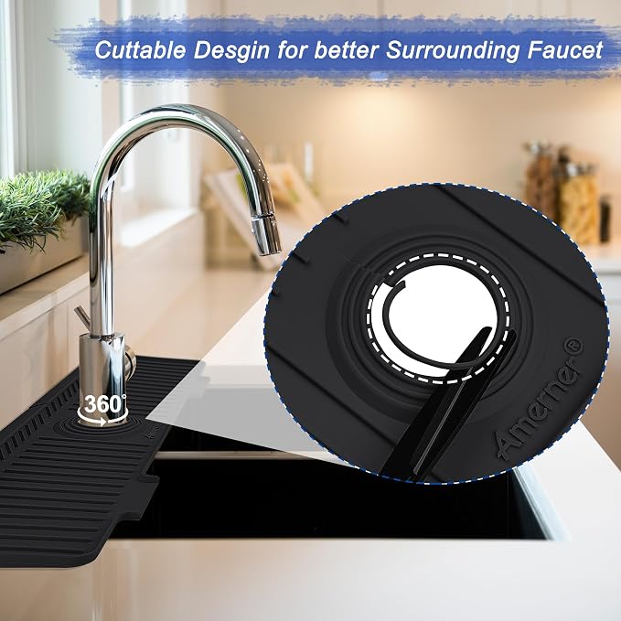 Kitchen Sink Splash Guard, 20 inch Silicone Faucet Guard & Draining Mat, 10° Large Slope Sink Faucet Mat Splash Guard, Bathroom Sink Organizer, Kitchen Sink Accessories Gadgets, 20 x 5.5”, Black - Image 5