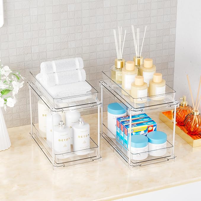 4 Pack Under Sink Organizers and Storage,Clear Acrylic Bathroom Organizer and Cabinet Organization for Makeup,Medicine,Two Tier Pull Out Cabinet Organizer Drawers for Pantry,Vanity Storage Bins - Image 8