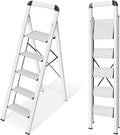 KINGRACK Aluminium 5 Step Ladder, Lightweight Step Stool with Non-Skid Pedals, Handrail, Foldable Step Ladder for Kitchen, Garage, Home, Space Saving, Sturdy and Portable, Silver by KINGRACK