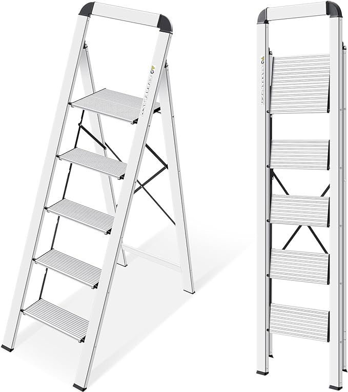 KINGRACK Aluminium 5 Step Ladder, Lightweight Step Stool with Non-Skid Pedals, Handrail, Foldable Step Ladder for Kitchen, Garage, Home, Space Saving, Sturdy and Portable, Silver by KINGRACK