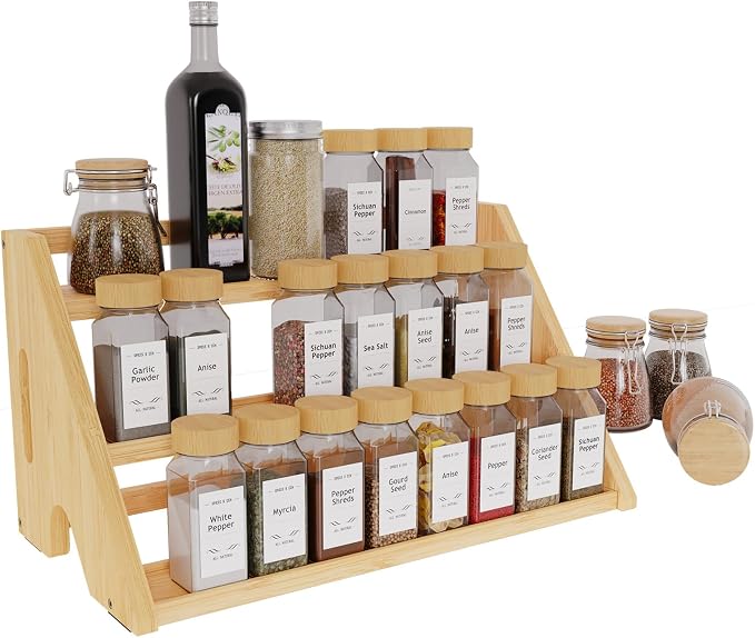 Bamboo Spice Rack Organizer -3-Tier Spice Rack for Countertop,Cabinet Spice Rack Organizer for 24 Spice Jars(4oz)，Step Shelf (yellow) - Image 8