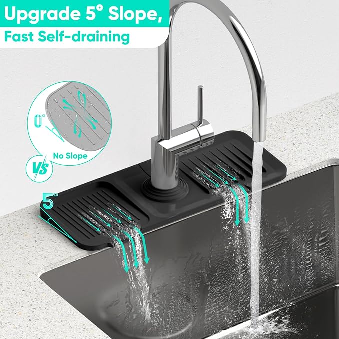 14.6'' Faucet Mat for Kitchen Sink [5°Slope Fast Self-draining] Kitchen Sink Splash Guard Silicone Kitchen Sink Faucet Mat Splash Guard for Kitchen Sink Area Tidy Splash Faucet Guard Draining Mat - Image 2