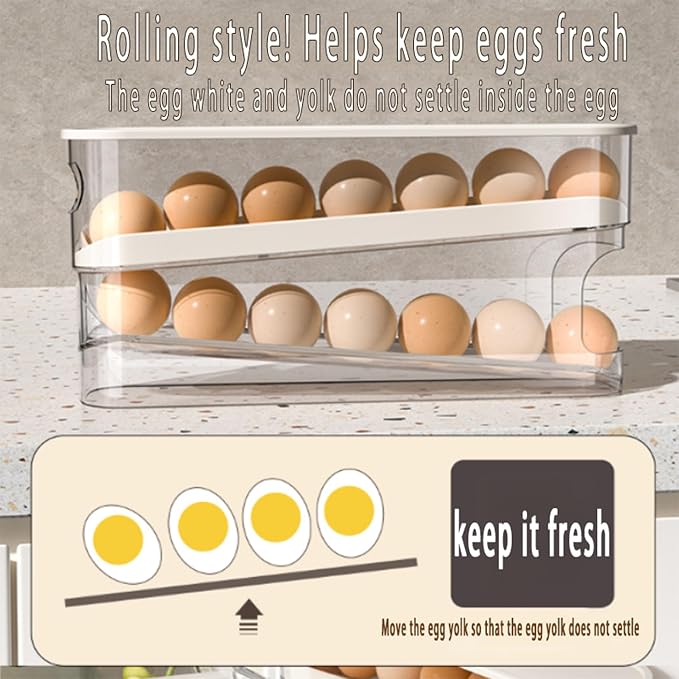 WACOI Auto Rolling Fridge Egg Organizer, Space Saving Eggs Dispenser for Refrigerator Storager with Lid,Egg Holder for Fridge 2 Pack - Image 3