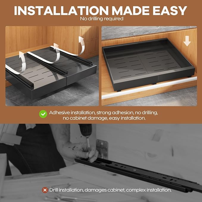 Seinloes 4 Pack Expandable Pull Out Cabinet Organizer 21"Deep With Raising Pad for Framed Cabinets,Upgrade 3 Slide Rails Slide Out Drawers,Roll Out Shelves Adhesive,Adjustable Width 15.15"-26.3" Black - Image 7