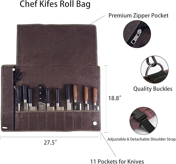 Chef’s Knife Roll Bag,Waxed Canvas Knife Cultery Carrier, Portable Chef Knife Cases,Knife Pouch Holders With 10 Slots Plus 1 Zipper Pockets Can Hold Home Kitchen Knife Tools Up To 18.8” - Image 2