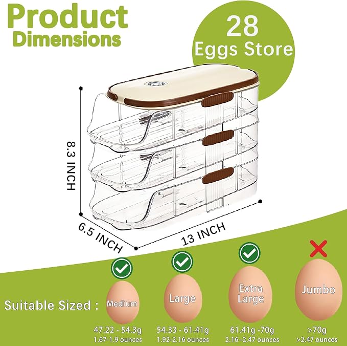 3-Tier Auto Rolling 42 Egg Holder for Fridge, Lid & Handle | Clear Stackable Refrigerator Organizer, 7-Degree Slope Dispenser, Timed Freshness, Detachable Height, Countertop Container - Image 3