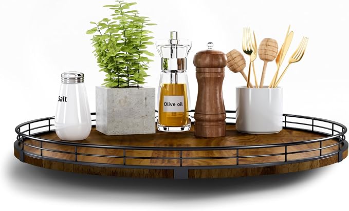 AMH 18-Inch Farmhouse Oak Lazy Susan Organizer, Walnut Finish | Smooth rotating oak tray with walnut finish for dining tables, kitchen counters, pantries and cabinet storage. by AMH