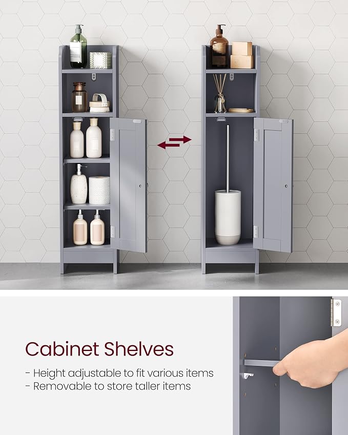 VASAGLE Small Storage Corner Floor Cabinet with Door,Dove Gray | Narrow Toilet Paper Storage Holder, 7.1 x 7.5 x 31.5 Inches, Adjustable Shelves, SIREN Collection UBBC310P36 - Image 5
