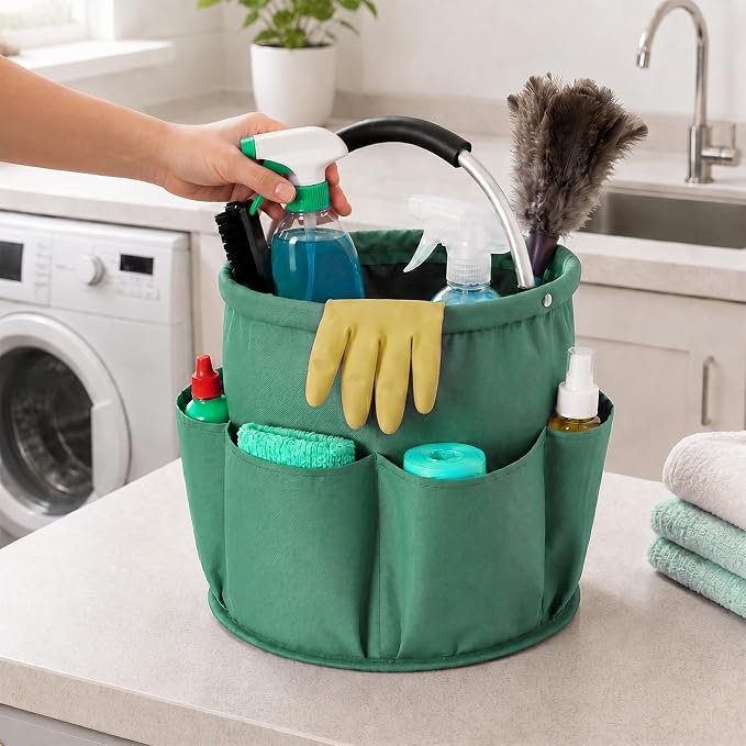 Cleaning Caddy with Handle, Large Supply Organiser 17L with 6 Pockets, Cleaning Products Organiser, Foldable Storage Basket, Portable Cleaning Caddy for Home (Green) - Image 6