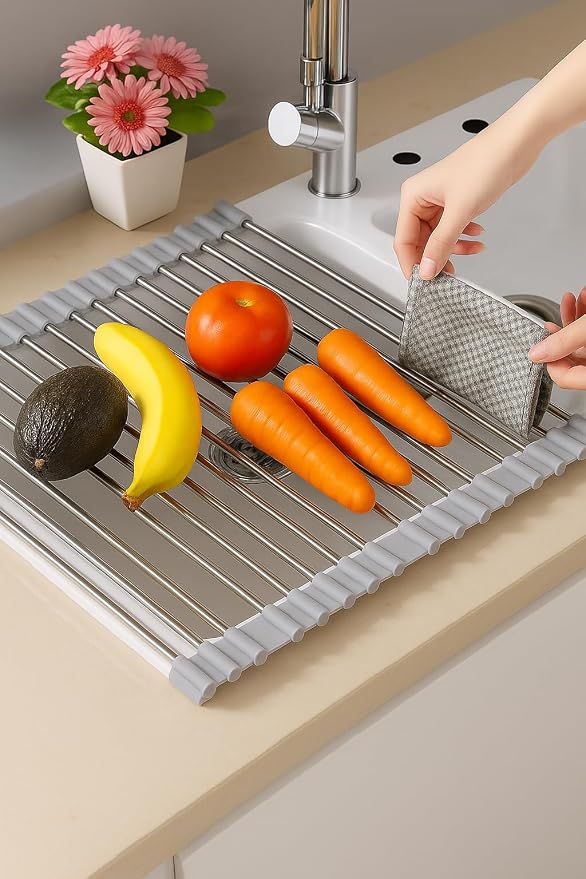 Over Sink Dish Dryng Rack - Roll Up Stainless Stell & Silicone Drying mat, Heat Resistant, Non-Slip & Foldable, Space Saving Kitchen Organizer (17.3"x 15.7") - Image 3