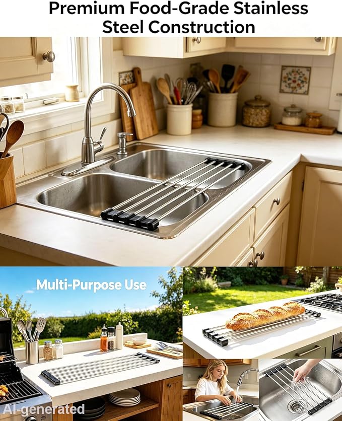 Ahyuan Roll up Dish Drying Rack Over The Sink Kitchen Roll up Sink Drying Rack Portable Dish Drainer Foldable Dish Drying Rack (Black, 17.8''X3.7'') - Image 4