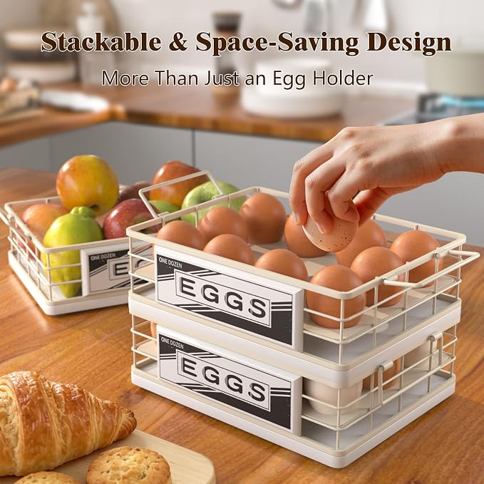 Farmhouse Egg Holder Countertop, Oak Wood & Metal Egg Basket with Handles | Stackable Rustic Egg Tray Organizer for Kitchen Counter, Holds 12 Eggs, Removable Divider for Fresh Egg Storage, White - Image 4