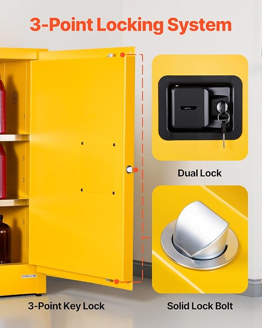VEVOR Flammable Cabinet, 23.2 x 18.1 x 35.4 Inch, 13 Gallon Flammable Storage Cabinet with Adjustable Shelf, Cold-Rolled and Galvanized Steel Fire Cabinets, for Commercial Industrial Home Use, Yellow - Image 6