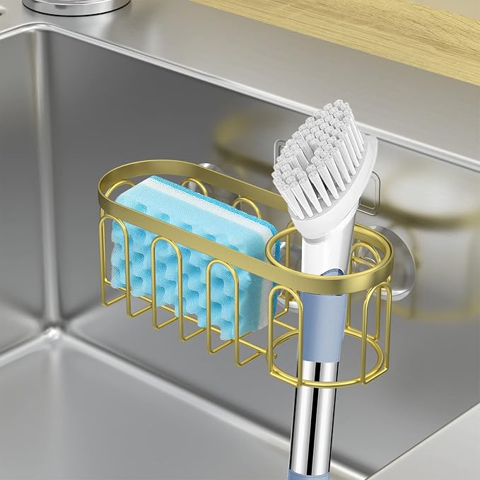 2-in-1 Sponge Holder for Kitchen Sink, Sink Caddy Kitchen Sink Organizer with 3 Suction Cups, No Drill Rustproof Sink Sponge Holder for Dish Brush, Soap & Sponge (Gold) - Image 6