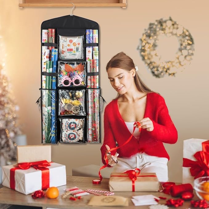 Christmas Wrapping Paper Organizer Storage, Hanging Gift Bag Storage Organizer, Double-Sided Wrapping Paper Holder Storage - Black - Image 8