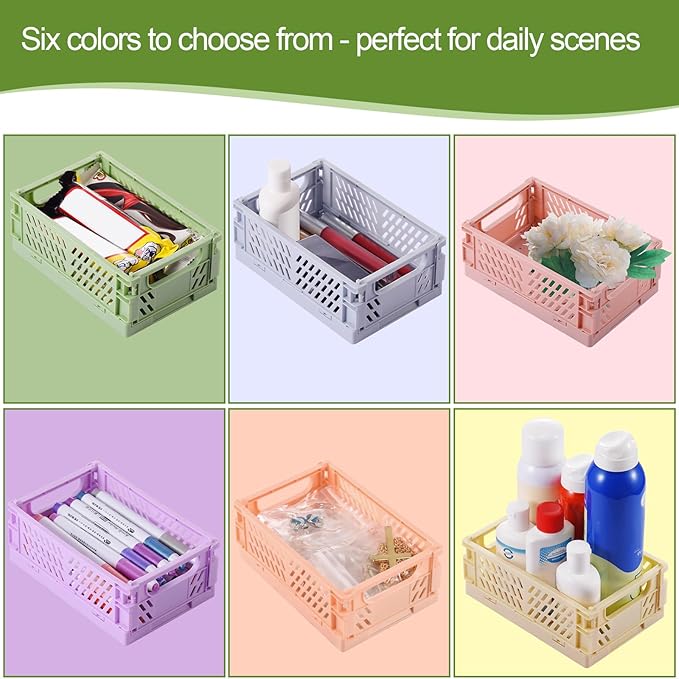 HUUSMOT 6-Pack Collapsible Small Plastic Storage Baskets, 5.9"x3.8"x2.2" | Pastel, Space-Saving, Collapsible Plastic Bins, Cute Mini Storage Crates, for Classroom, Kitchen, Office, Bedroom - Image 2