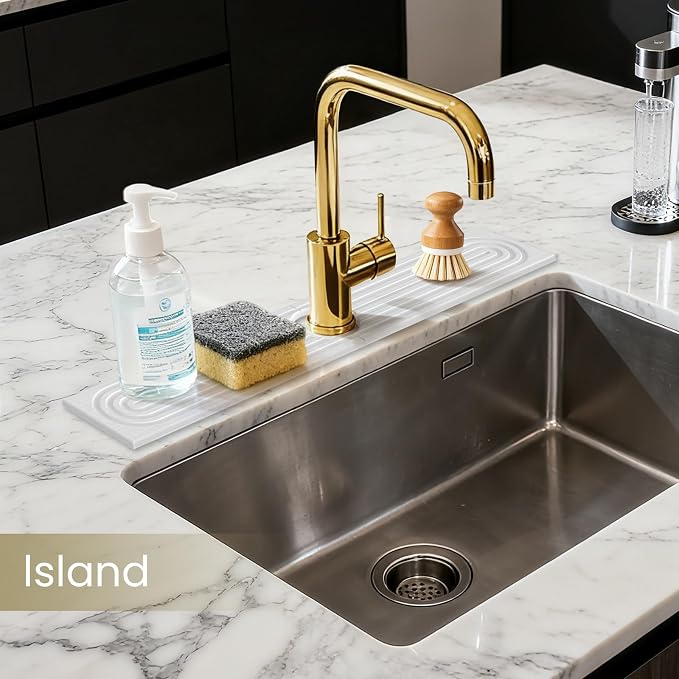 Diatomite Faucet Mat for Kitchen Sink, Quick-Dry Stone-Like Sink Mat, Flat Lay Absorbent Countertop Drying Mat for Faucet Area, Hard Diatomite Mat, White, 23.6 x 4 in - Image 3