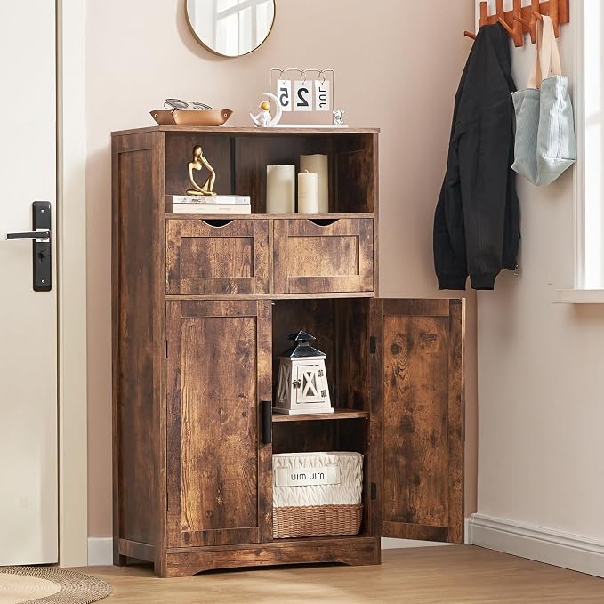 Iwell Storage Cabinet with 2 Drawers & Adjustable Shelves, Cupboard, Floor Cabinet for Living Room, Home Office, Rustic Brown - Image 4