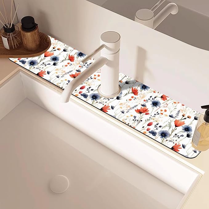 Watercolor Red and Blue Flowers Sink Faucet Absorbing Mat Sink Splash Guard Faucet Mat Draining Mat Fast Drying Sink Protectors for Kitchen and Bathroom 5.5"×24" - Image 2