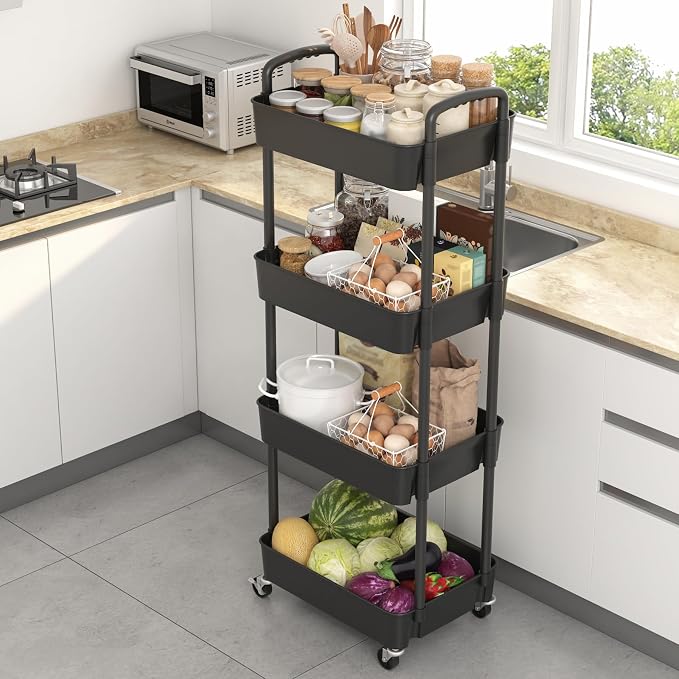 Sywhitta 4-Tier Plastic Rolling Utility Cart with Wheels for Storage, Black | Multi-Functional Storage Trolley, for Office, Living Room, Kitchen, Bathroom,Movable Organizer,Space-Saving,Easy to assemble - Image 7