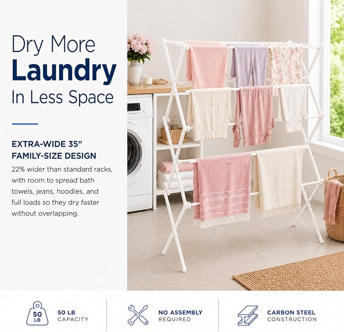 Honey-Can-Do Oversized Clothes Drying Rack, Extra-Wide 35", 50 lb, White | Fits family-size loads of towels, jeans & hoodies; rust-resistant coated steel; folds flat; indoor/outdoor; energy-saving - Image 2
