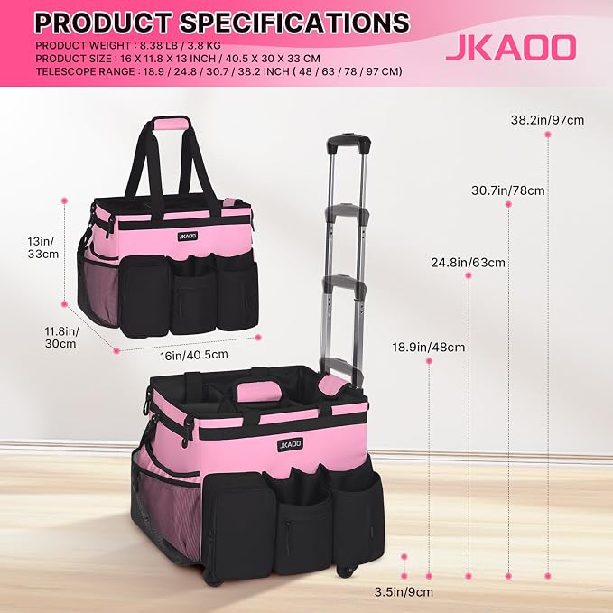 JKAOO Large Rolling Cleaning Caddy Bag with Detachable Trolley, Pink | Waterproof Cleaning Caddy with Wheels, 40L Wheeled Organizer Cart for Supplies, Housekeepers, Home, Office, Car, Picnic - Image 2