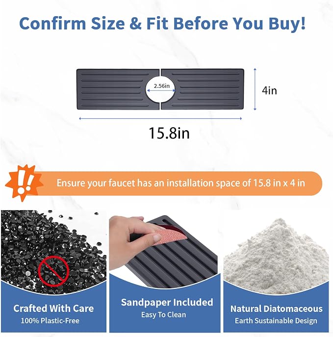 Stone Faucet Mat for Kitchen Sink, Water Absorbing Sink Water Splash Guard, Fast-Drying Kitchen Sink Faucet Mat, Durable Protector and Stone Drying Mat for Kitchen Counter & Bathroom Sink - Image 3
