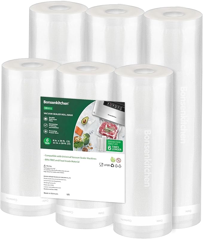 Bonsenkitchen Vacuum Sealer Rolls bags, 3 Rolls 11"x 20'+ 3 Rolls 8"x 20' | 6 Pack, Commercial Grade, Durable, BPA-Free, Custom-Size Vacuum Sealer Bags for Dry/Moist Food Storage and Sous Vide, VB3211 by Bonsenkitchen