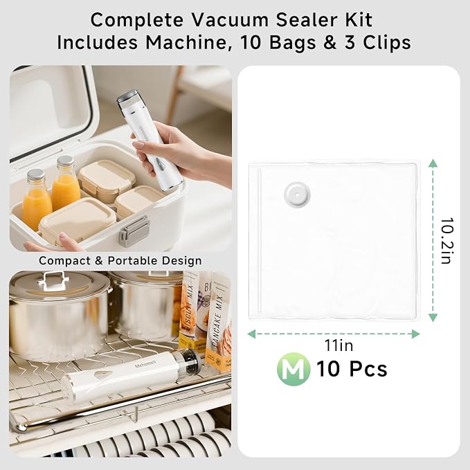 Compact Handheld Vacuum Sealer for Food with 10 Reusable Bags | Powerful 60 kPa suction, Keeps food fresh up to 6X longer, Cordless handheld design, Ideal for meal prep and food storage - Image 8