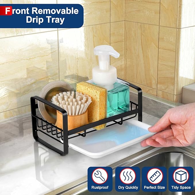 HULISEN Kitchen Sponge Holder, 304 Stainless Steel Sink Caddy, Black | Removable Drain Tray, Holds Sponges Soap Bottles Brushes, Countertop Storage, No Dispenser or Brush - Image 3