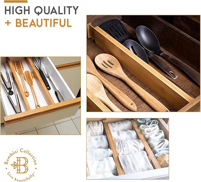 Bambüsi 4-Pack Drawer Divider - 2.6" High, 16" to 22" Adjustable Bamboo Drawer Organizers for Clothes, Expandable Dresser Separators in Bedroom/Bathroom/Kitchen/Office Organization and Storage - Image 8