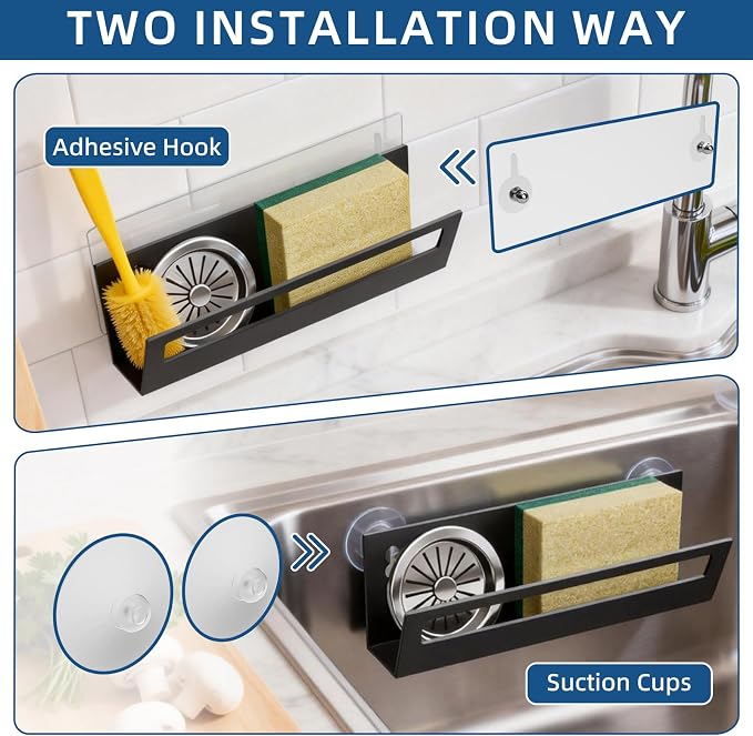 Epicano Sponge Holder for Kitchen Sink | with Suction Cups & Adhesive Hook, Rustproof, Space-Saving Wall Hanging, Stainless Steel, For Sponge, Dish Cloth, Brush - Image 5