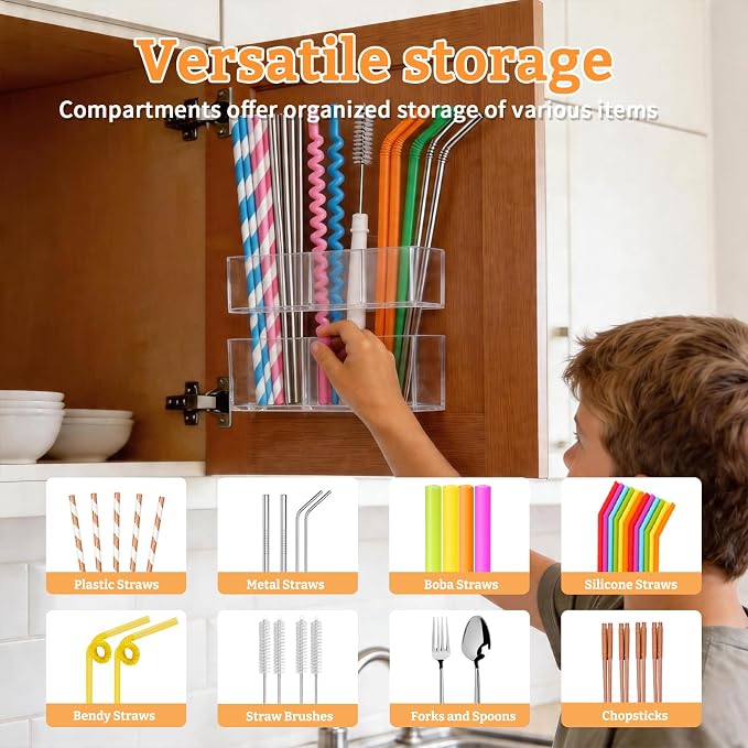 Small Acrylic Straw Holder for Cabinet Door, Adjustable Two-Part | 2 Pack Reusable Straws Organizer with Ultra Sticky Adhesive Strips, 2026 Straw Storage for Kitchen Cupboard - Image 6