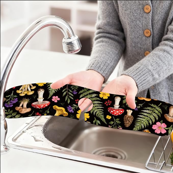 2 Pcs Kitchen Sink Splash Guard Faucet Mat Colorful Mushrooms and Flowers Pattern Faucet Mat for Sinks Leaves Absorbing Drying Mat for Kitchen Bathroom, 23.6x5.5inch - Image 6