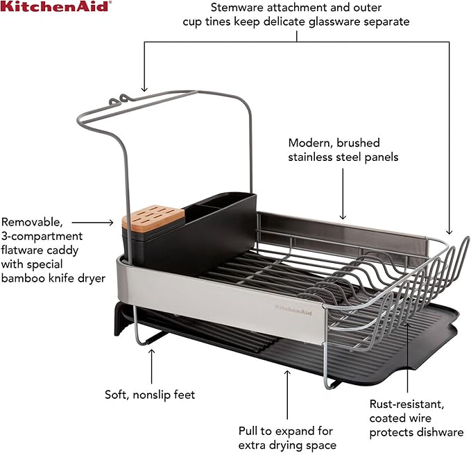 KitchenAid Full Size, Rust Resistant Expandable Dish Rack with Angled Self Draining Drainboard, 24-Inch, Black - Image 6