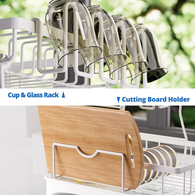 2-Tier Dish Drying Rack - Dish Rack with Auto Drain-to-Sink & Mat | Dish Racks for Kitchen Counter, Dish Drainer with Knife Fork & Cup Rack, Gifts for Women, Mothers Day, Kitchen Gadgets, White - Image 6