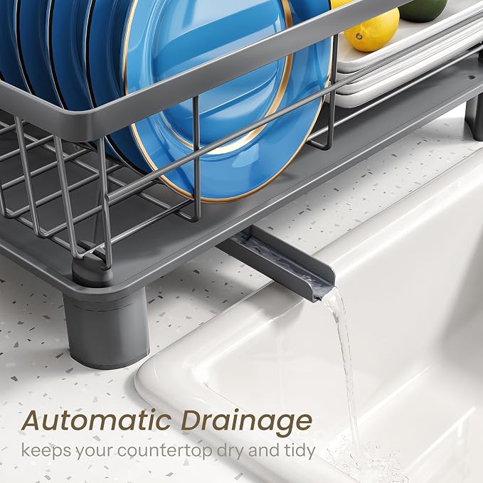 SNTD Dish Drying Rack for Small Kitchen Counter, 11" W x 15" L, Grey | Space Saving, Rotating Spout & Angled Drainboard for Quick Drainage, Stainless Steel, Removable Utensil Holder - Image 4
