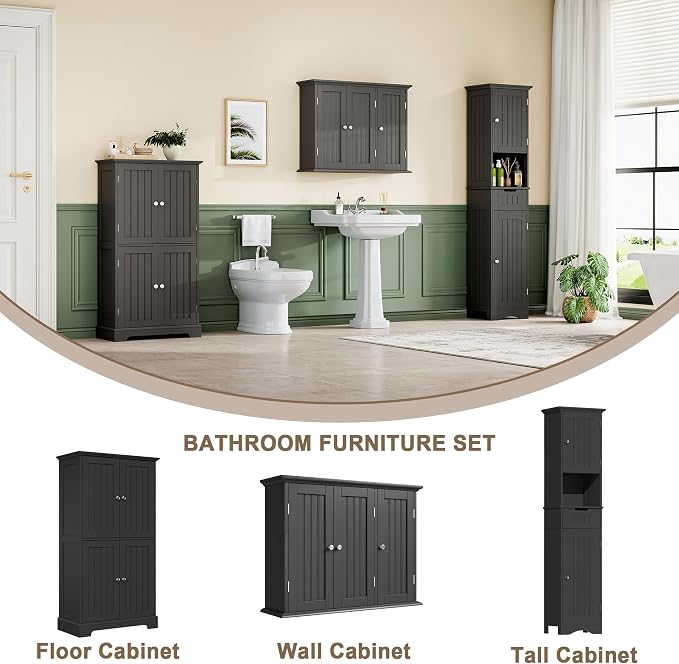 ChooChoo Laundry Cabinet with 3 Doors and Adjustable Shelves | 9.06"D x 31.1"W x 24"H, Bathroom Wall Cabinet, Cupboard, Black - Image 5