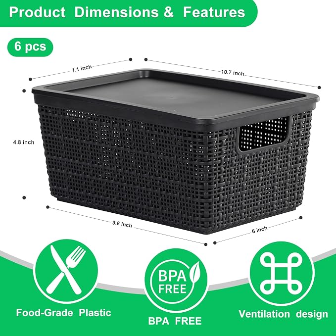 6 Pack Plastic Storage Baskets with Lid,Black Stackable Bins | Durable Woven Plastic With handle Breathable,Save space ,For Organizing Desktops, Closets, Playrooms, Classrooms, Offices - Image 3