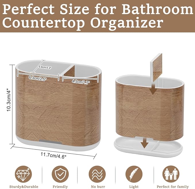 Toothbrush Holders Toothpaste Organizer for Bathrooms, Wood Grain | 2 Slots, Easy to Clean, Plastic, Kids Electric Toothbrush, Drainage, Removable, For Bathroom, Vanity, Kitchen Sink, Office - Image 6