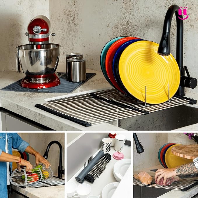 3-in-1 Over Sink Dish Drying Rack – Roll-Up Sink Rack, Silicone Mat & Folding Dish Rack – Multi-Functional, Space-Saving Kitchen Organizer (Black) - Image 2