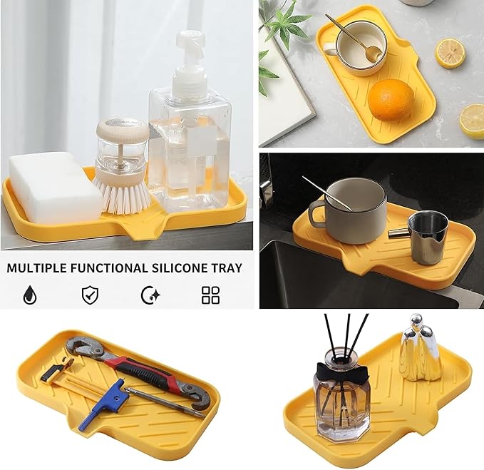 MicoYang Silicone Soap Dish with Drain Spout — Self-Draining Sink Organizer Tray for Bathroom & Kitchen, Sponges, Dispensers & Soap Holder, Non-Slip & Dishwasher Safe, Yellow (Medium, 9.6"×5.3") - Image 5