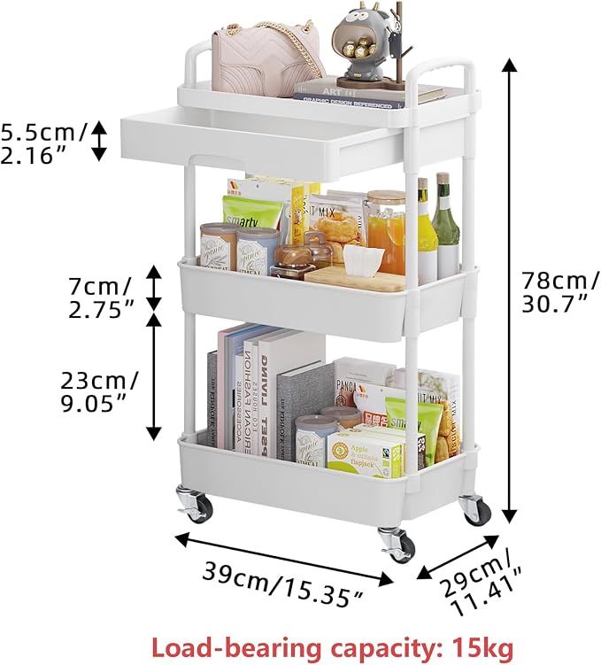 Calmootey 3-Tier Utility Cart with Drawer & Wheels, Storage for Home,Office | Space-Saving Organizer, Sturdy Plastic Shelves, Smooth-Rolling Metal Wheels, Built-in Drawer for Small Items, White - Image 5
