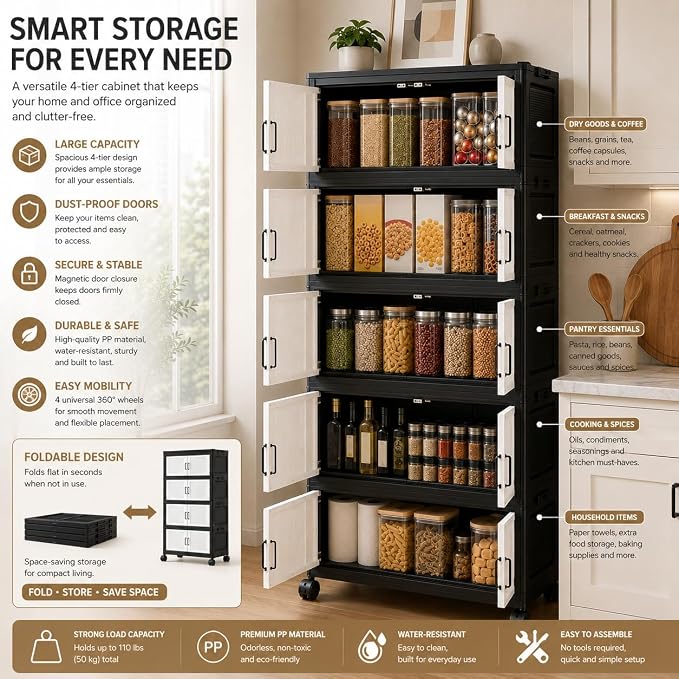 3 Tier Foldable Storage Cabinet with Wheels and Magnetic Doors | Premium PP Material Large Storage Organizer, Space-Saving Utility Storage for Home, Apartments, Dorm, Office, Rv - Image 5