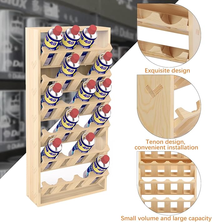 24 Can Spray Paint or Lube Can Holder Aerosol Can Rack 14.2"L x 5"W x30"H | 6-Tier Wooden Spray Paint Can Storage Rack Wall Mount Aerosol Spray Can Organizer for Garage Craft Workroom - Image 3