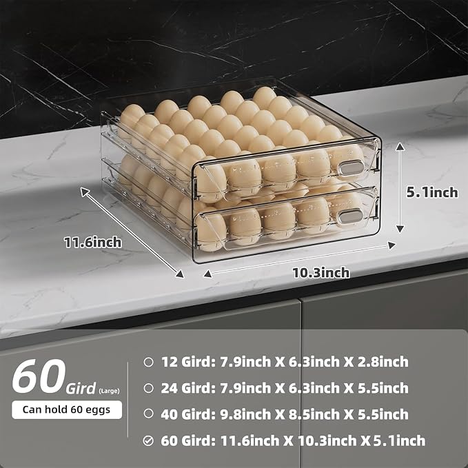 HIYOHIYO Clear 60 Grid Egg Organizer for Refrigerator with Drawers, 2-Tier | Large Capacity with Time Scale Marking | Sturdy Egg Storage for Fridge | Stackable Eggs Container for Fridge and Countertop - Image 2