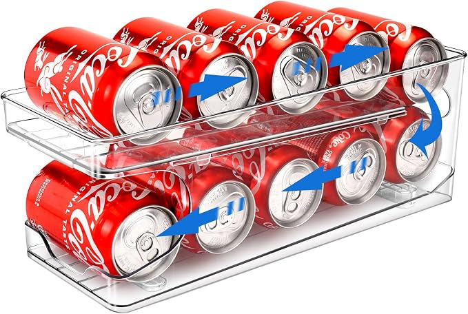Rolling Soda Can Organizer for Refrigerator Can Dispenser for Fridge Beer Soda Seltzer Pop Can Soda Organizer for 10 Standard Size 11.15oz or 12oz Cans Holder Storage Pantry Organization by BingoHive