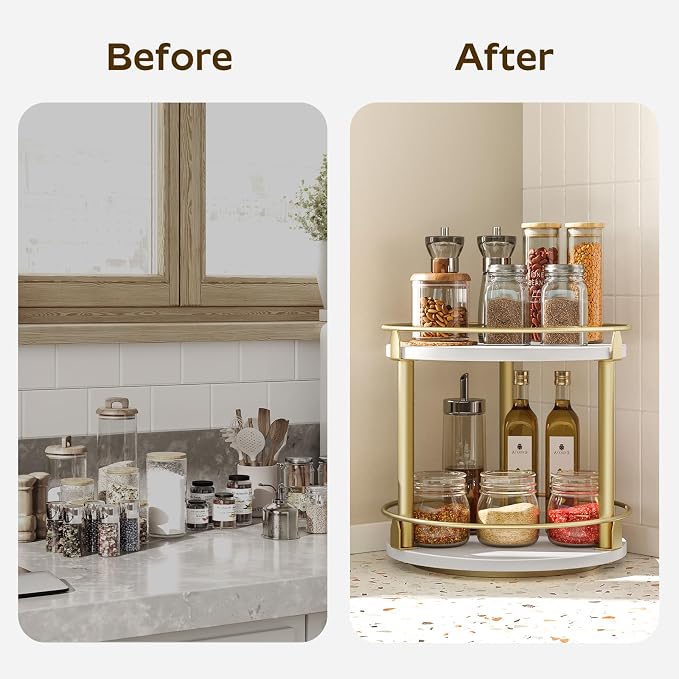 Lazy Susan Organizer, Rotating Spice Rack, 2 Tier Spice Turntable Organizer, Industrial Turntable Spice Holder, for Kitchen Countertop and Cabinet, Compact and Versatile, White and Gold SR22DW - Image 5